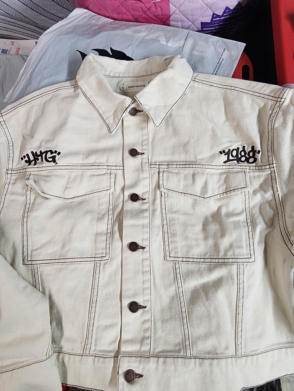 Women's Cream Denim Jean Jacket with Contrast Stitching